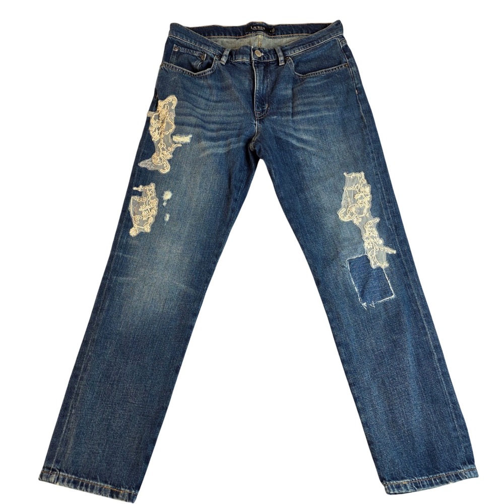 Lauren Ralph Lauren Jeans Womens 6 Blue Cotton Straight Leg Denim Boho Lace Chic